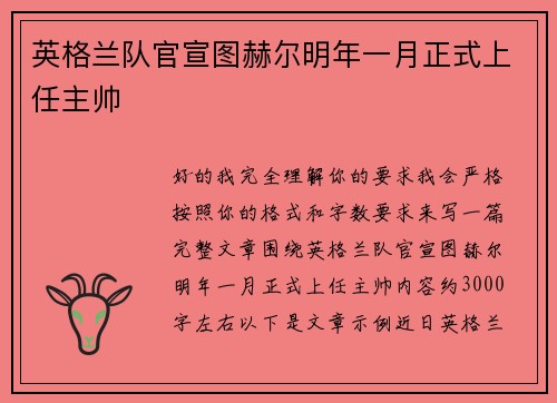 英格兰队官宣图赫尔明年一月正式上任主帅