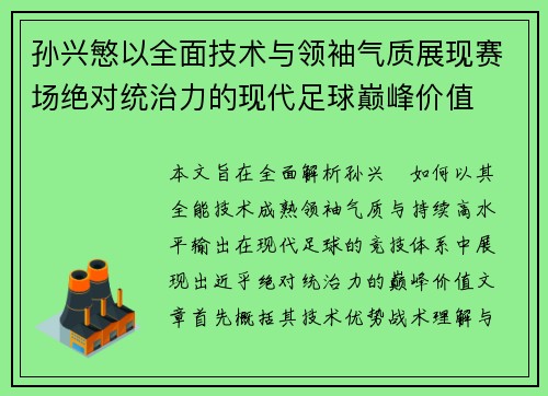 孙兴慜以全面技术与领袖气质展现赛场绝对统治力的现代足球巅峰价值 孙兴慜以全面技术与领袖气质展现赛场绝对统治力的现代足球巅峰价值