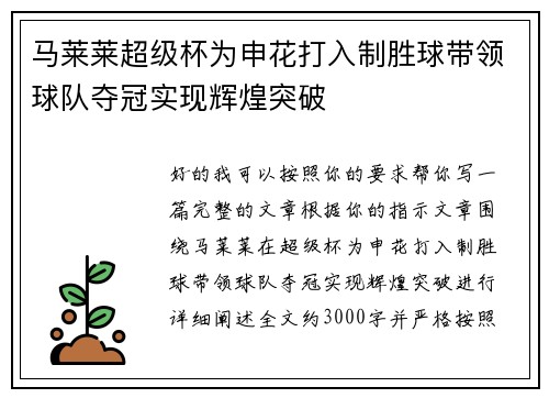 马莱莱超级杯为申花打入制胜球带领球队夺冠实现辉煌突破 马莱莱超级杯为申花打入制胜球带领球队夺冠实现辉煌突破